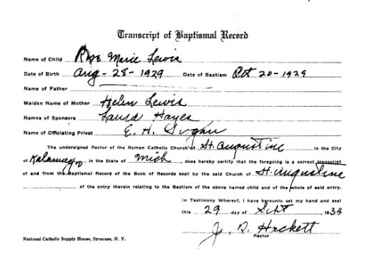 baptismal record for
Rosemarie Lewis from 1934