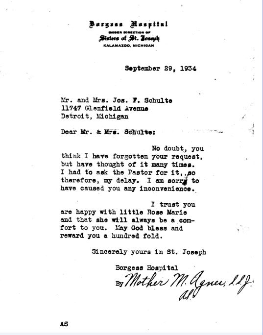 letter to Joe Schulte from 
Mother Superior of the Sisters of St. Joseph at Borgess Hospital in Kalamazoo sent in 1934