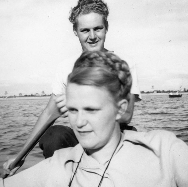 Wally and Rosie in a rowboat on the lake